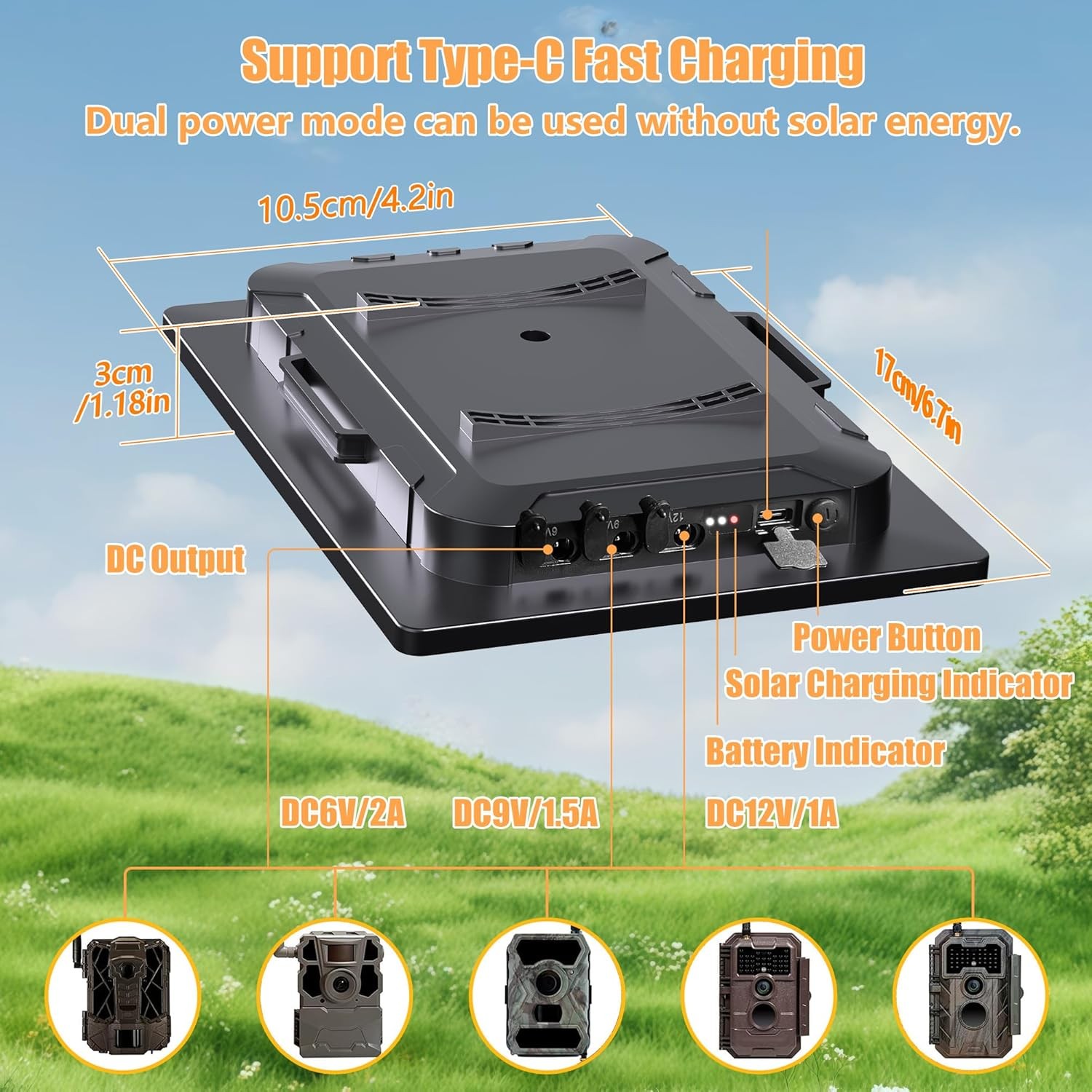 Trail Camera Solar Panel,6W Solar Battery Charger Kit 6V/2A 9V/1.5A 12V/1A W/