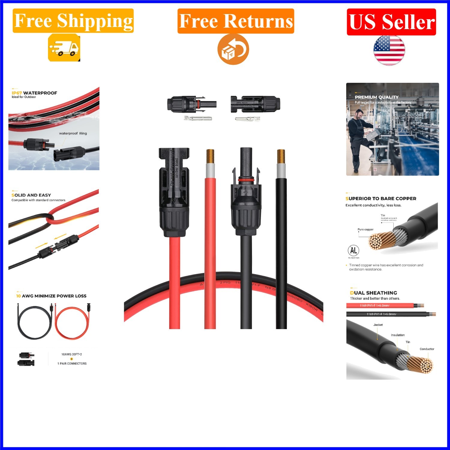 20ft Red & Black 10AWG Solar Extension Cable with Connectors and Copper Wire