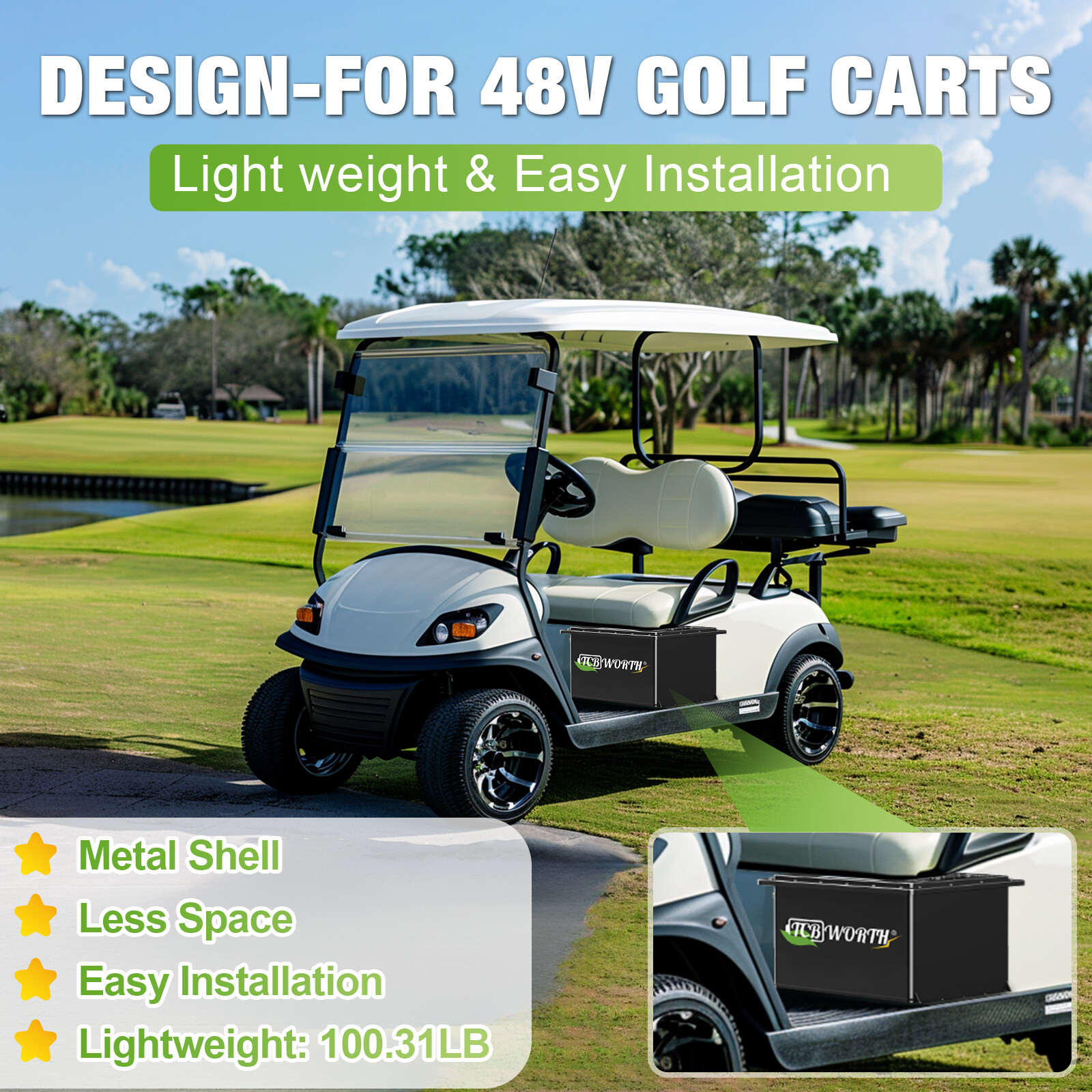 48V 105Ah Golf Cart Lithium LiFePO4 Battery 10Year Life+20A Charger f/ EZGO Club