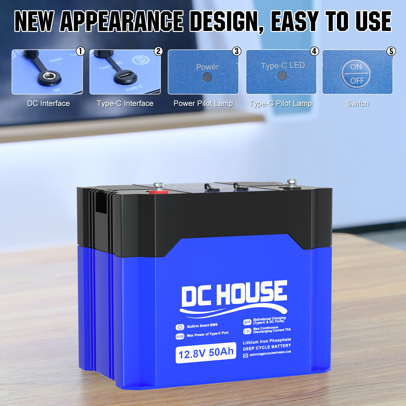 12V 50Ah Portable LiFePO4 Lithium Battery with DC & TypeC Ports Solar Camping