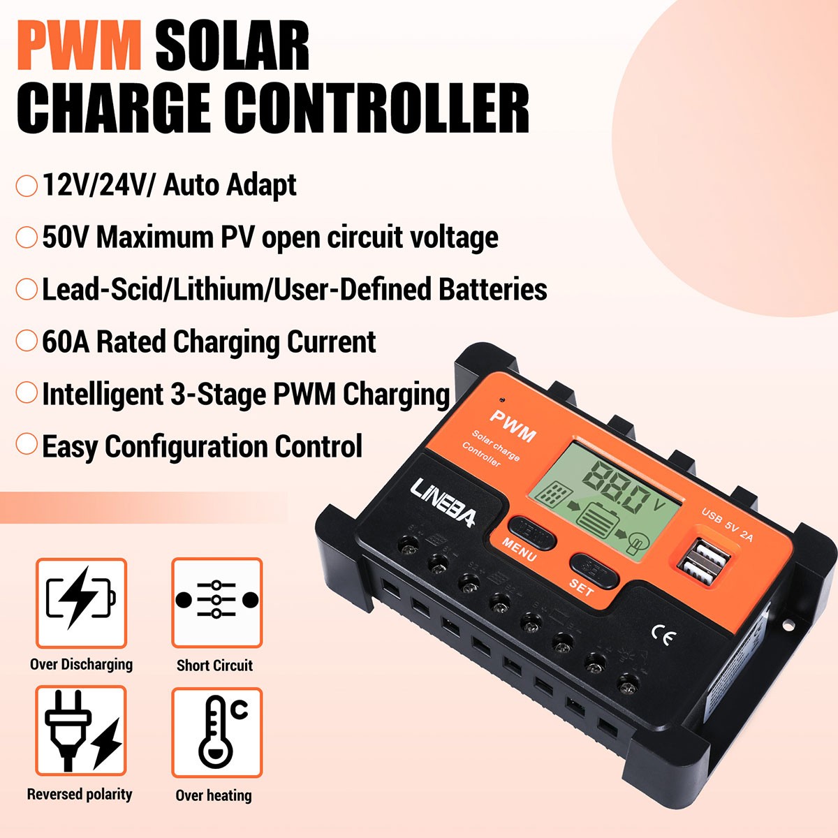 PWM Solar Charge Controller 100A 60A 12V 24V 48V Dual USB Battery PV Regulator