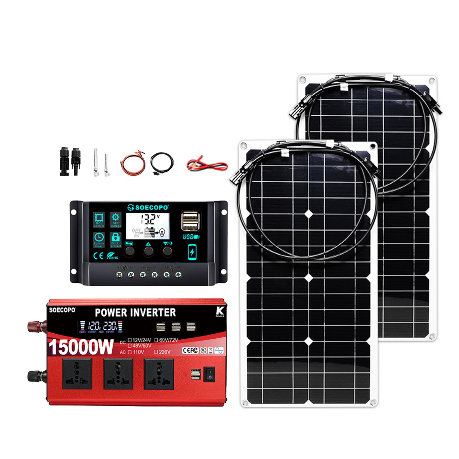 15000W Peak Solar System Kit 2pcs Flexible Panel DC12V/24V AC110V/220V Inverter
