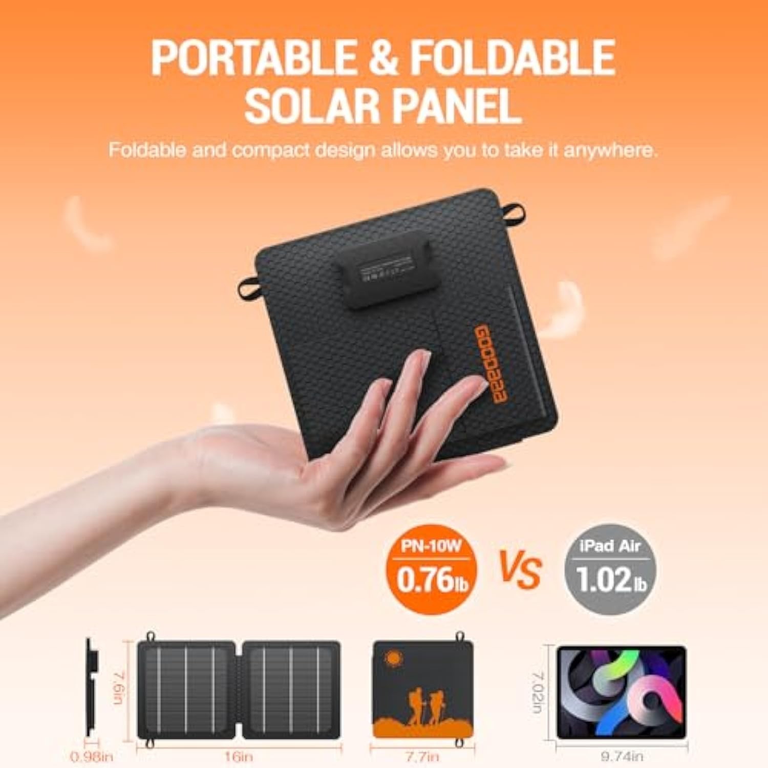 GOODaaa 10W Portable Solar Charger with Dual USB Outputs Efficiency Solar Panel