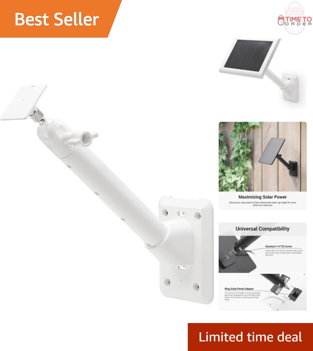 Universal Solar Panel Wall Mount Adjustable Extended Arm Compatible with Cameras
