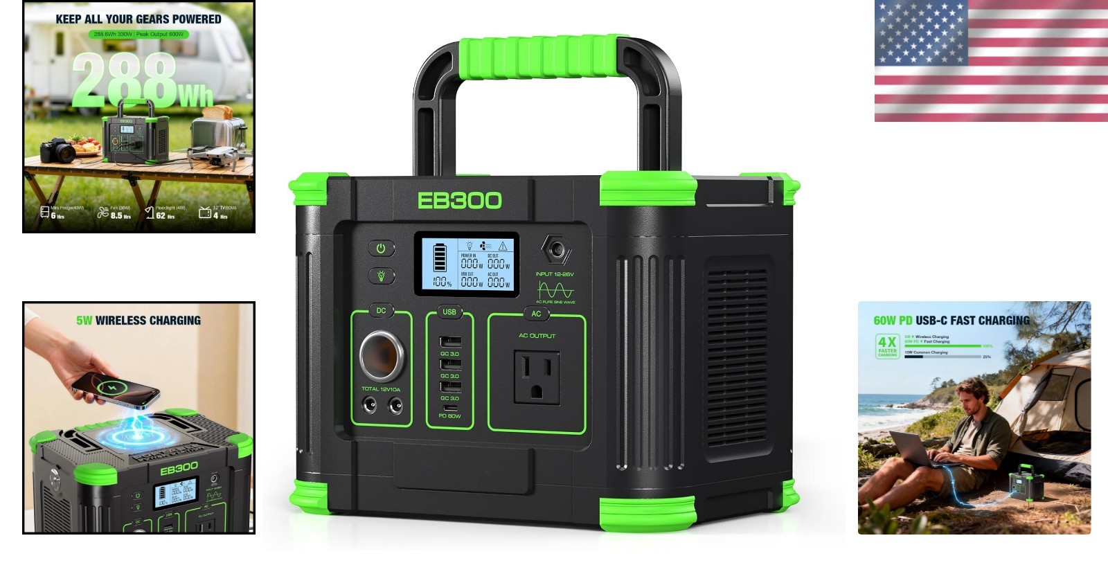 288Wh Lithium Battery Power Station with 600W Peak – Fast Charging & Solar Ready