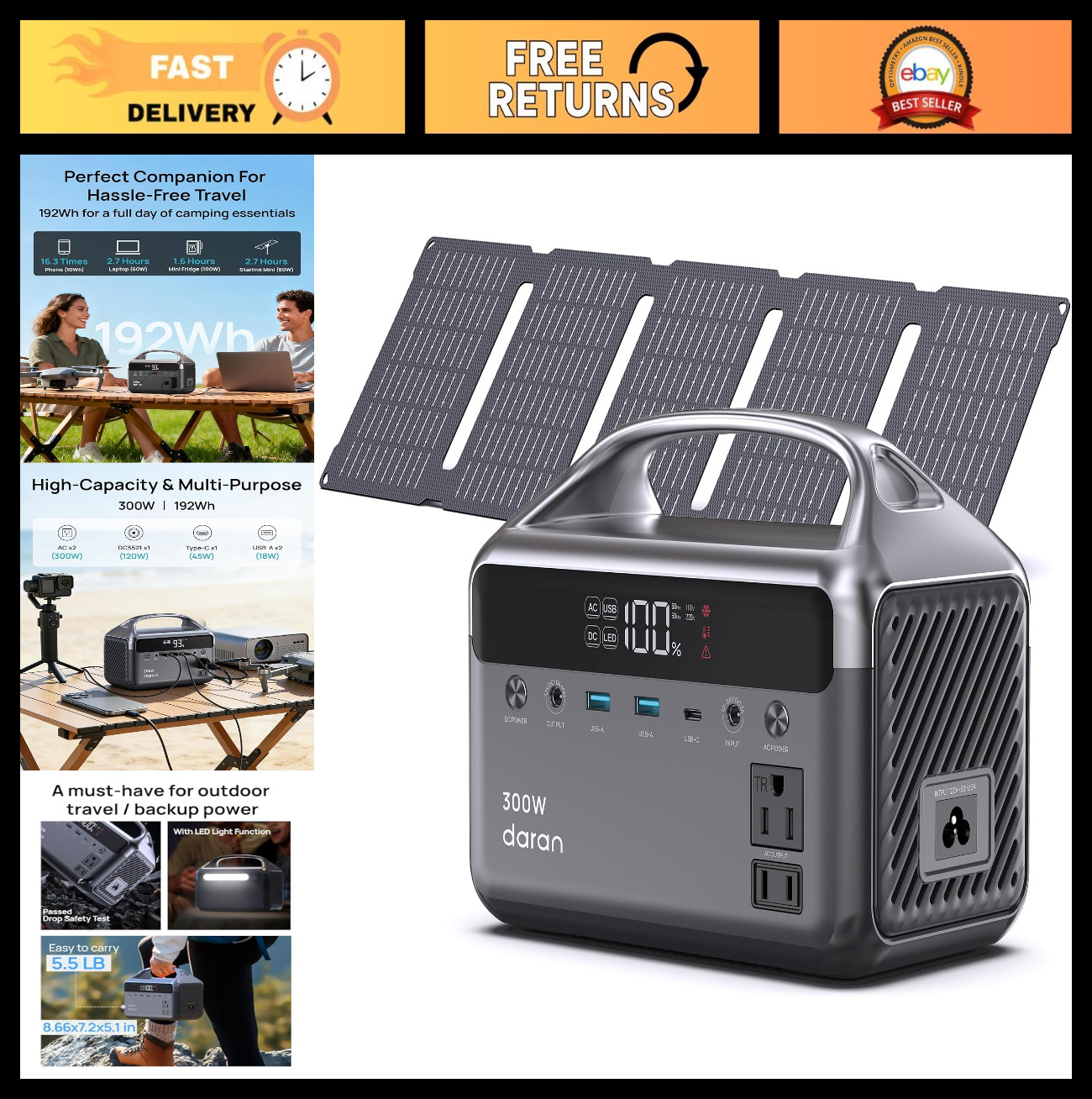 Portable Solar Generator 192Wh with Panel, 300W Power Station, AC Outlets, Fast