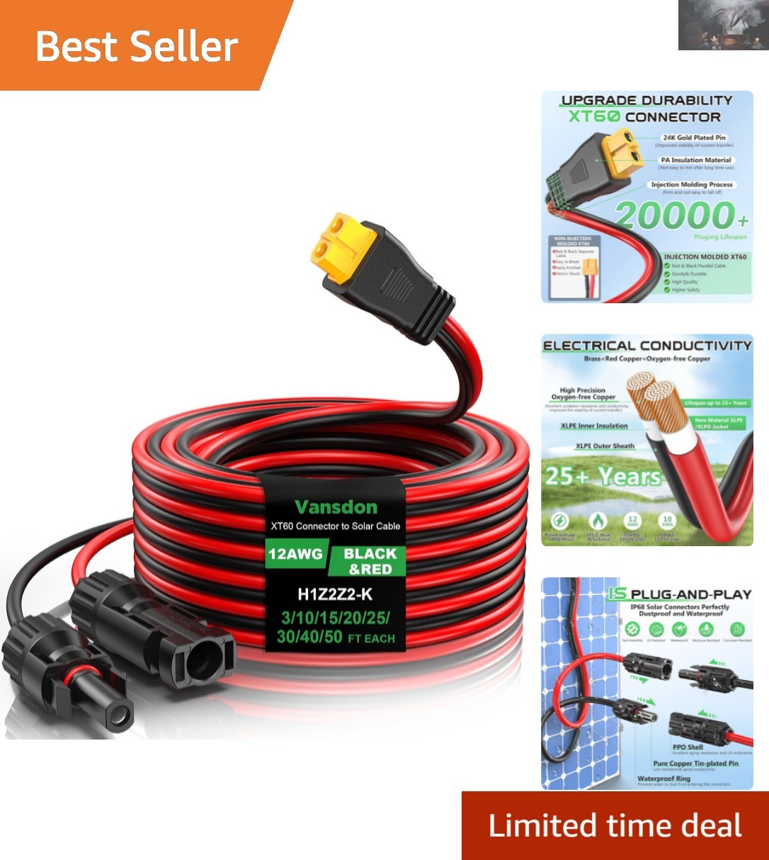 3FT 12AWG XT60 Solar Connector Cable – Ideal for Power Stations & RC Batteries