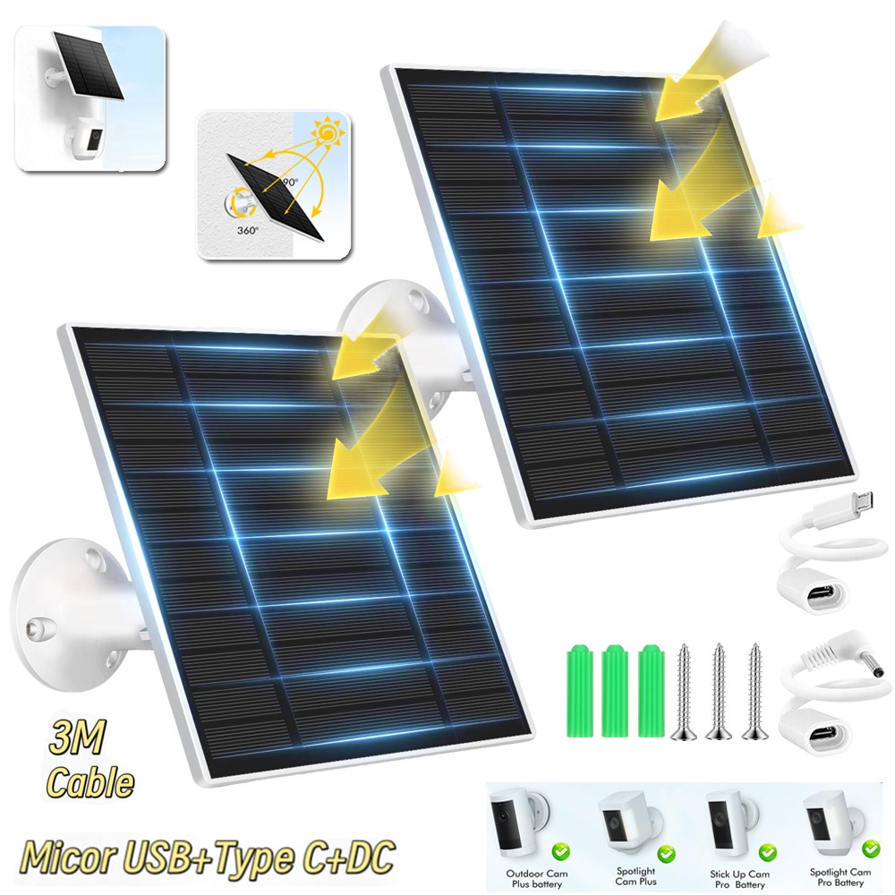 10W Solar Panel for Security Camera, 2x 5W Power Charger with Micro USB & USB-C