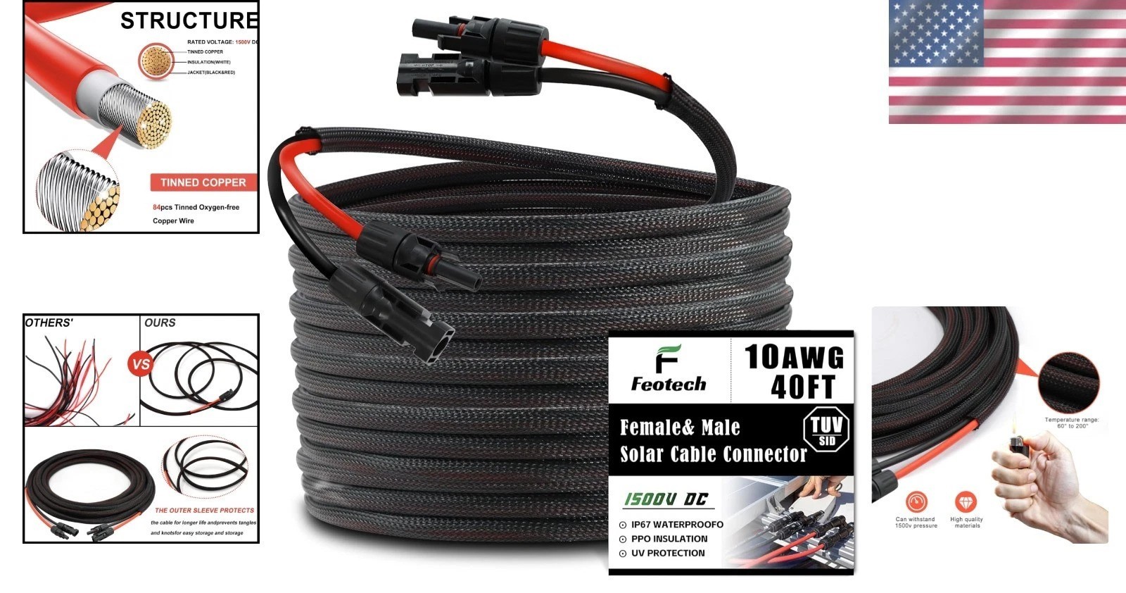 Heavy Duty 40ft 10AWG Solar Extension Cable, Braided Sleeve, MC4 Connectors
