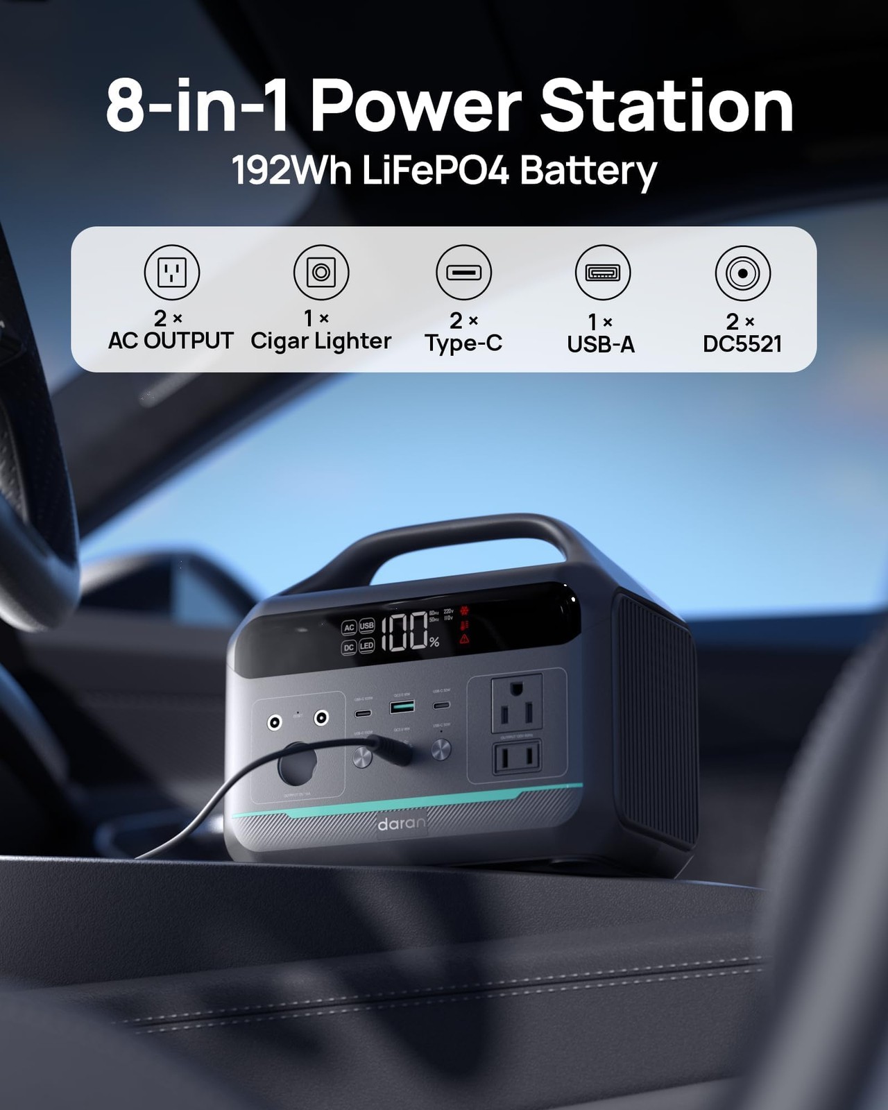 DARAN Portable Power Station 300W (600W Peak), 192Wh LiFePO4 Battery Solar Ge…