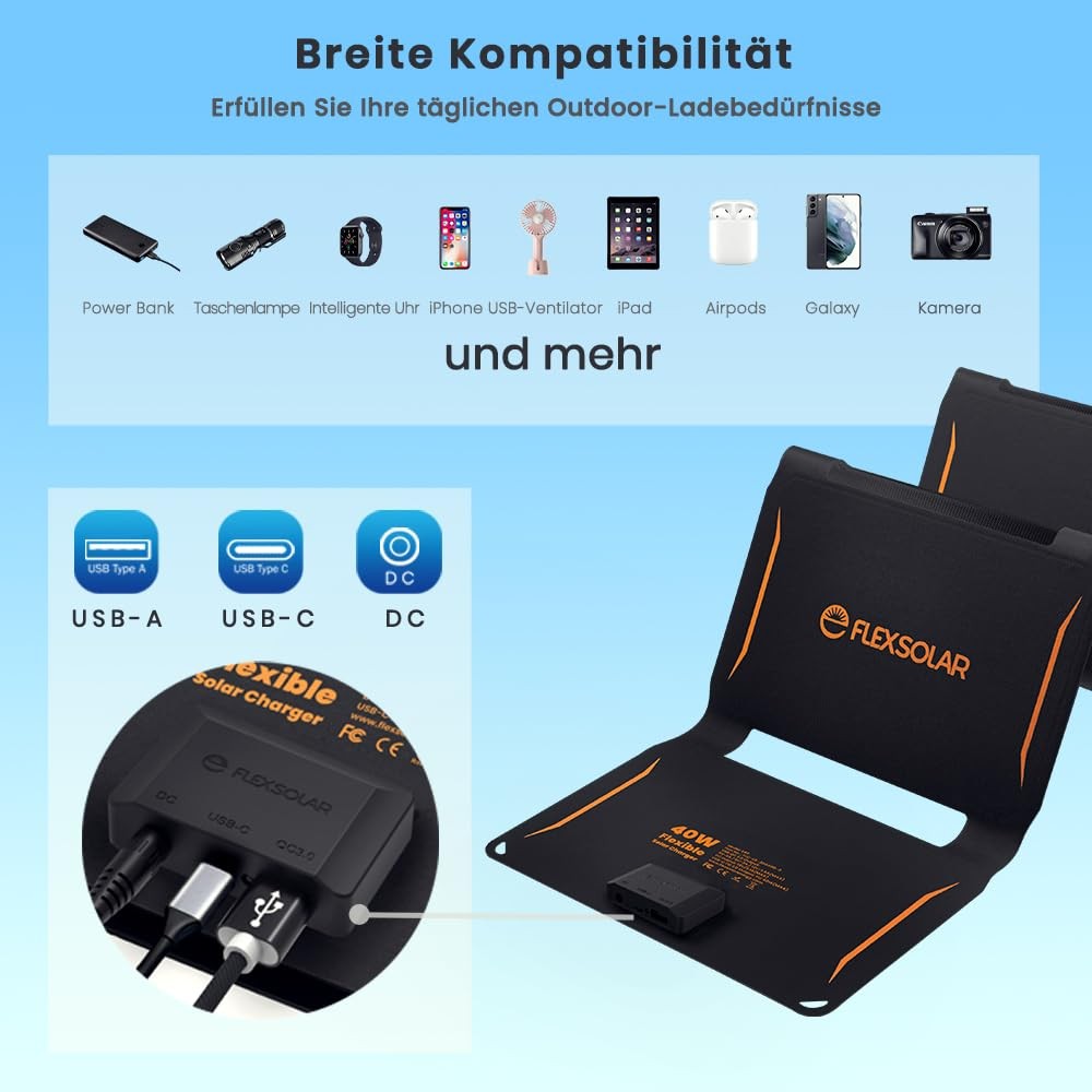 FlexSolar 40W Foldable Solar Panel Charger with USB-C and USB-A Outputs for