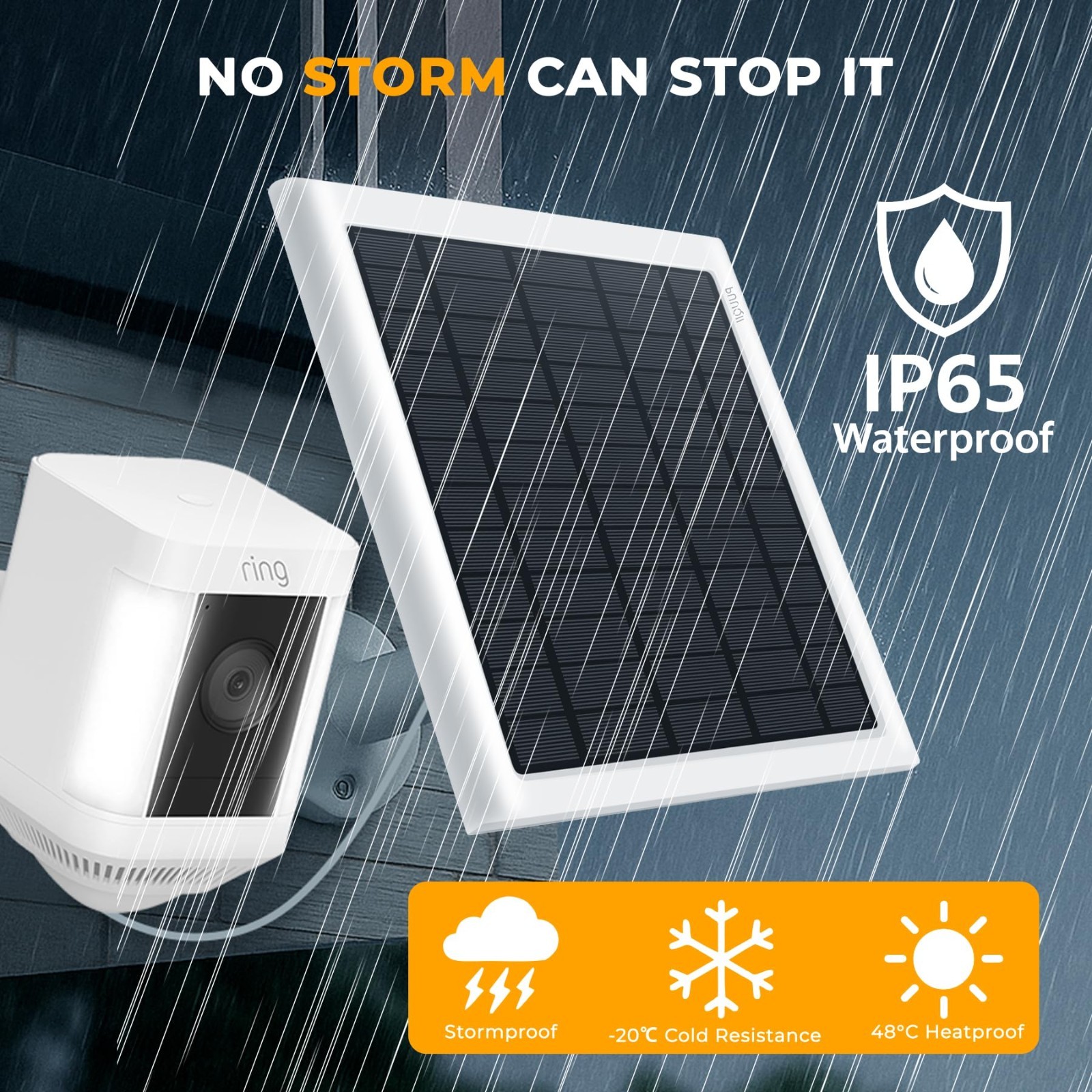 8W Solar Panel Charger for Ring Cameras, IP65 Waterproof, 10ft Cable, USB-C Adap