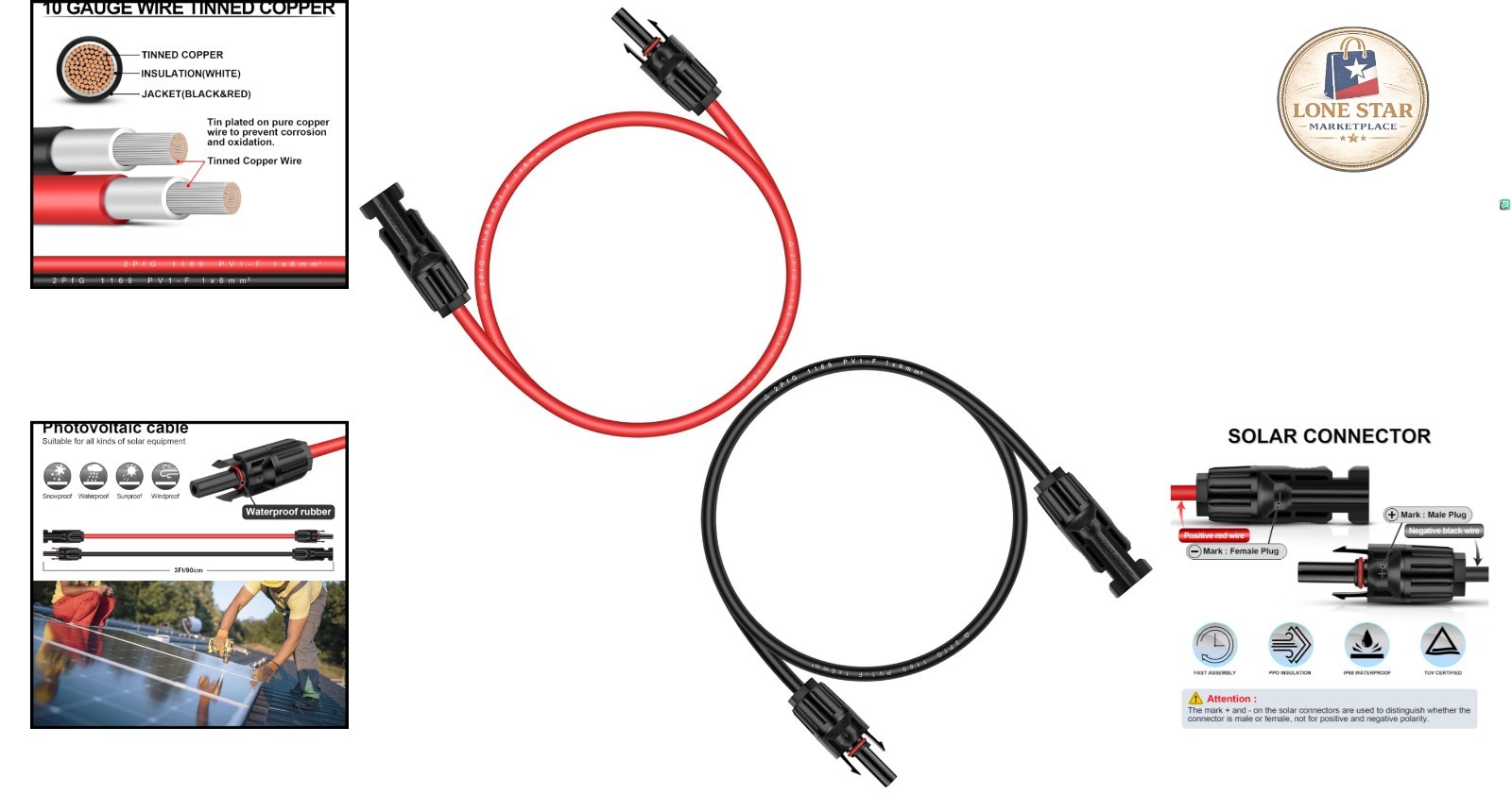 Easy Install 3FT 10AWG Copper Solar Extension Cable Male/Female Connector