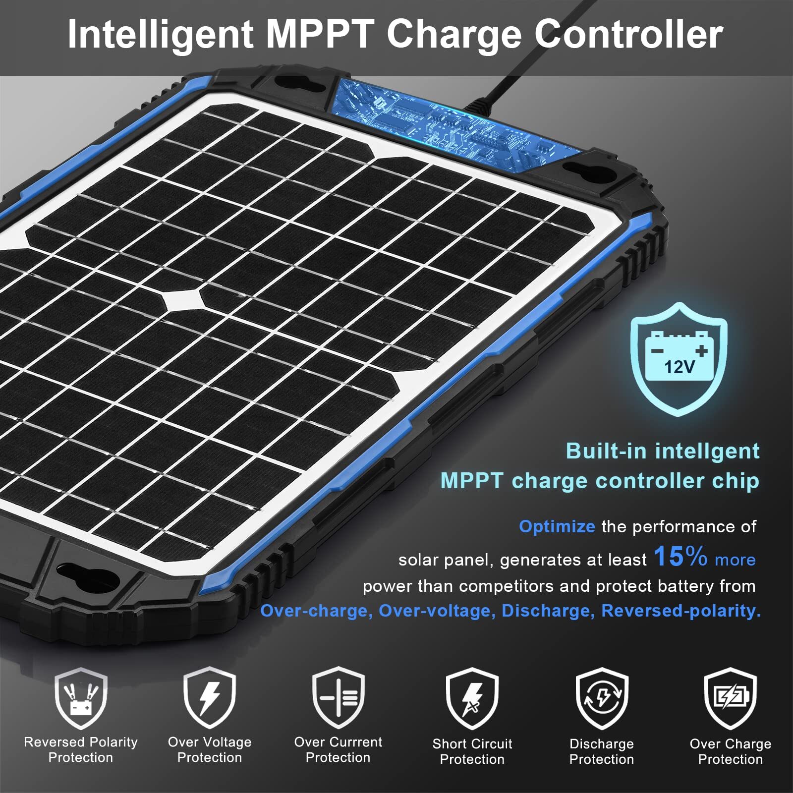 Waterproof 12W 12V Solar Battery Charger & Maintainer Pro, Built-in UltraSmar…