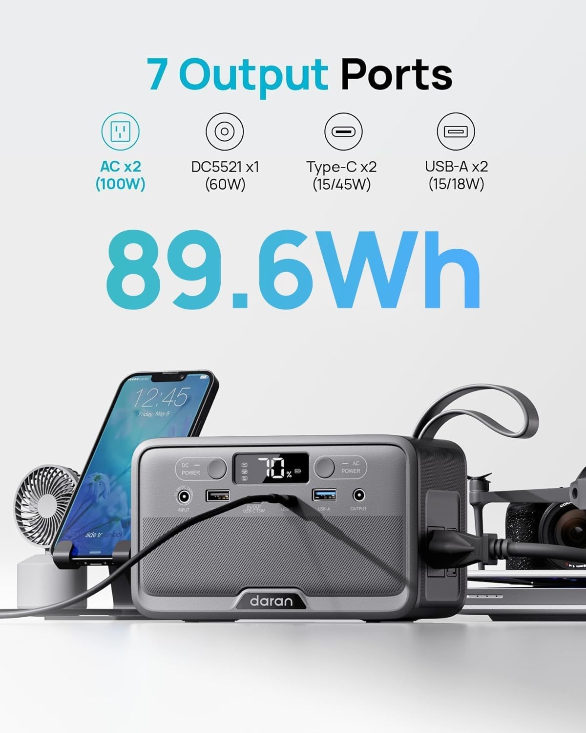 LiFePO4 100W Power Bank with 7 Ports for Fast Charging – Ultra-Quiet & Portable