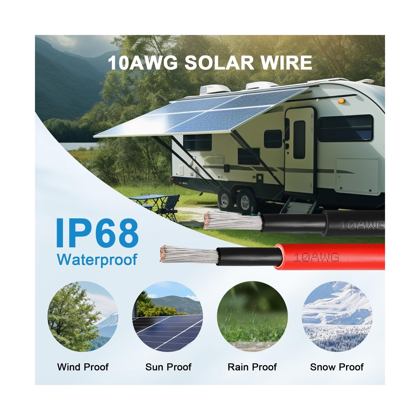 Solar Pane Wire 10 AWG(6mm²) – Solar Extension Cable 100Ft Black & 100Ft Re