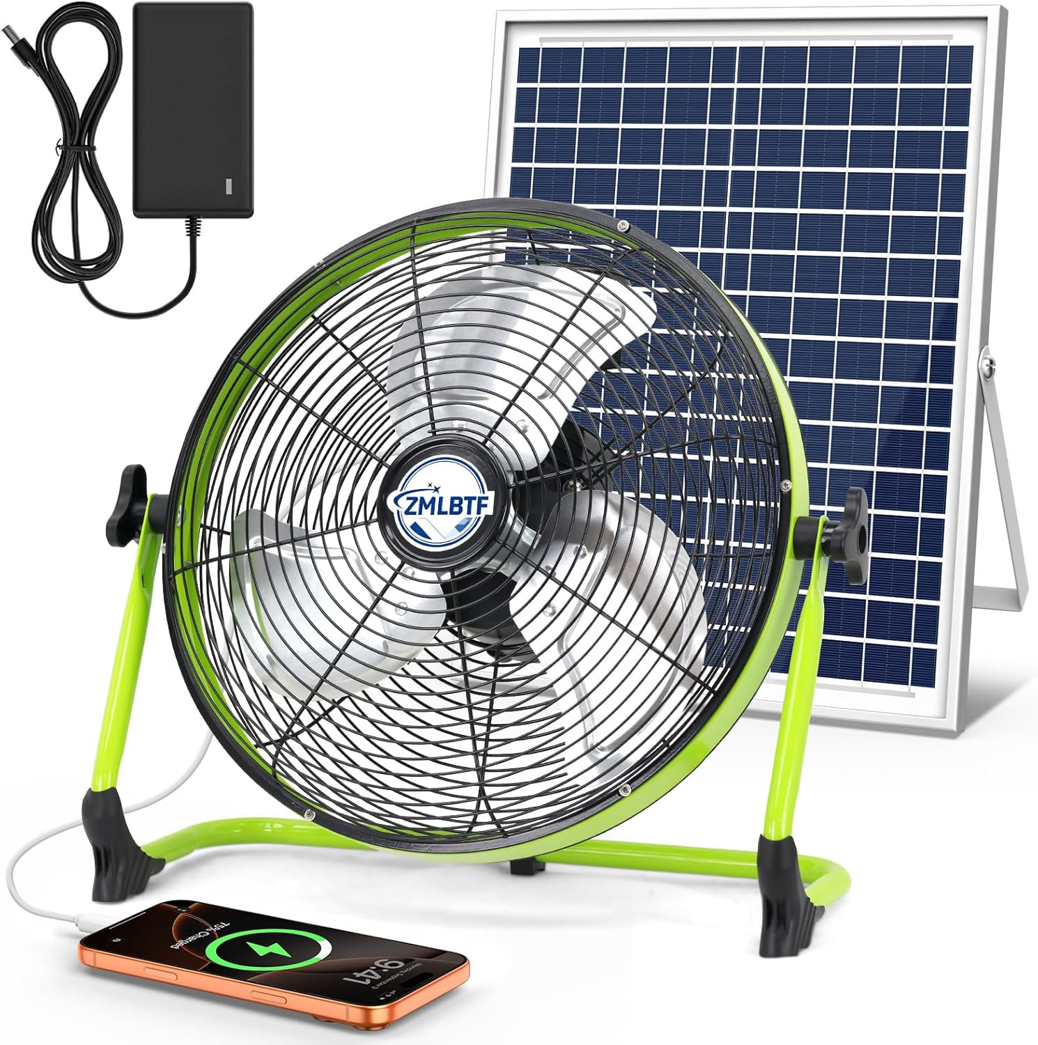 16″ Solar Powered Fan with 20W Solar Panel & Rechargeable Battery, Portable, Qui