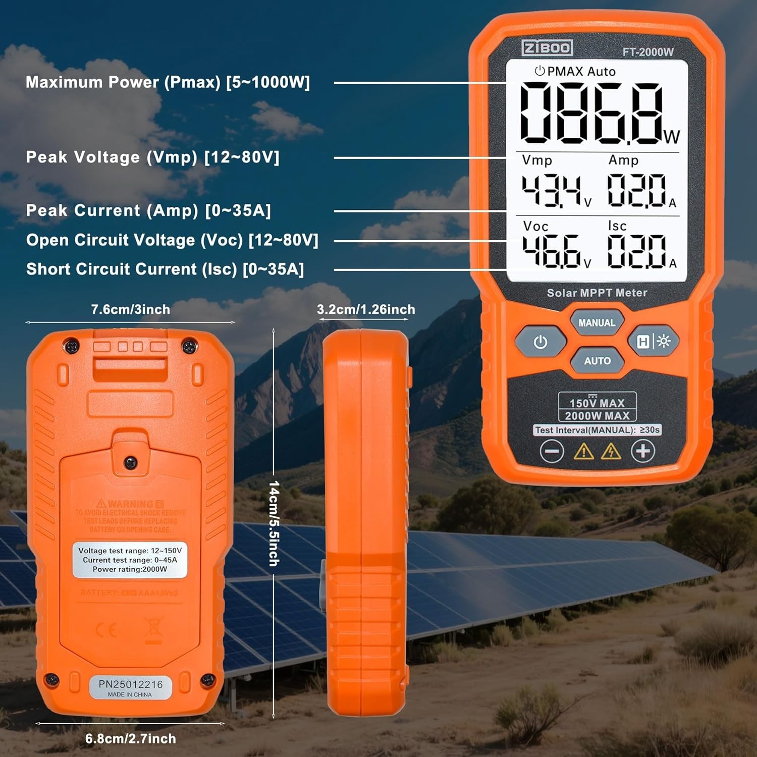 Durable FT-2000W Solar Tester: 150V/35A, Waterproof, CAT III/CAT IV Rated