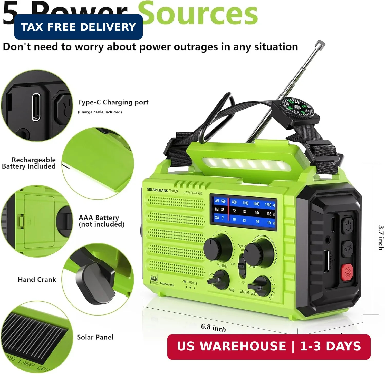 Mesqool Emergency Radio 5 Way Powered, 5000mAh/18500mWh Survival Solar Hand Cran