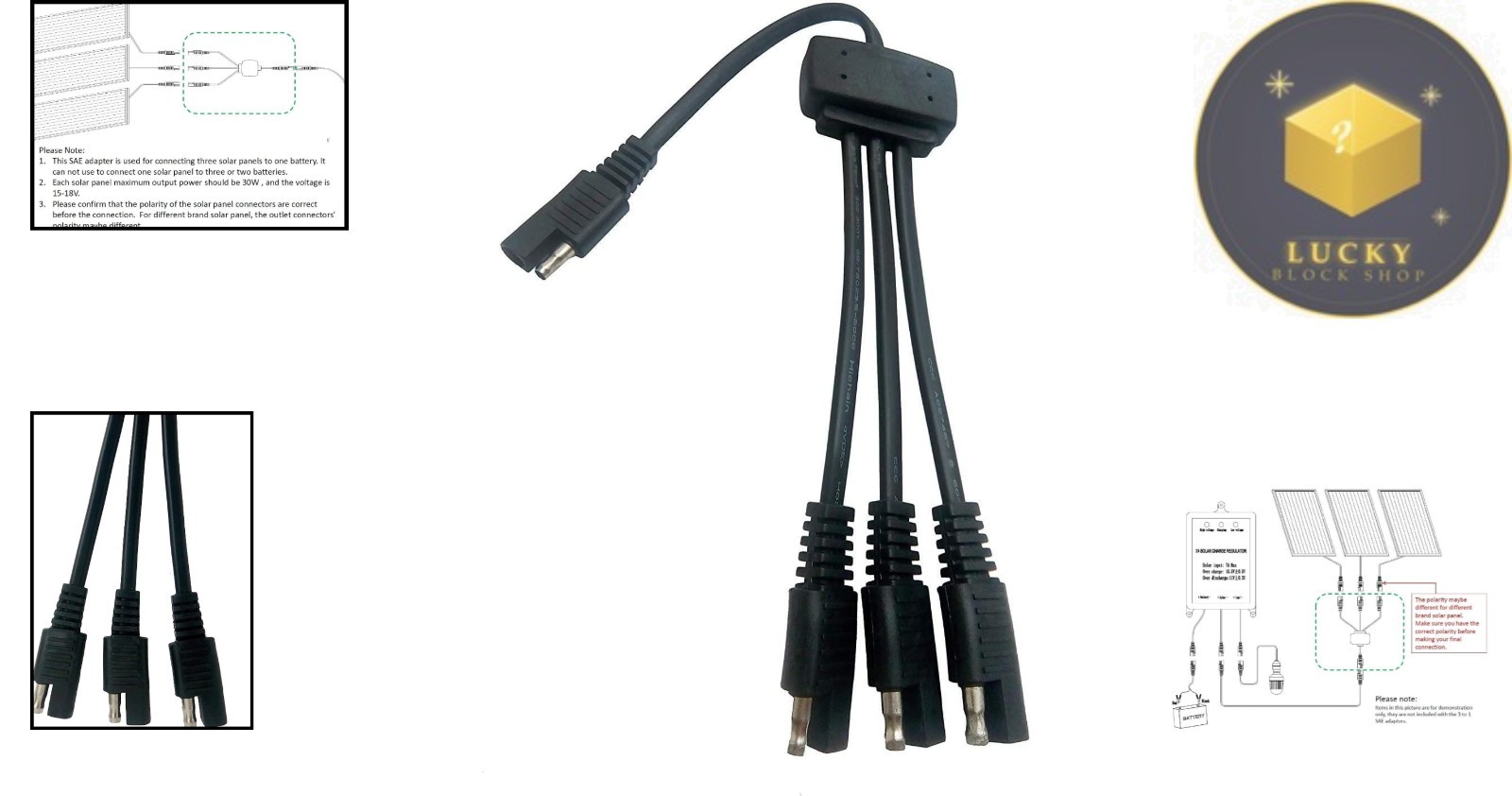 Lightweight 3-to-1 SAE Adapter for Powering One 12V Battery from 3 Panels