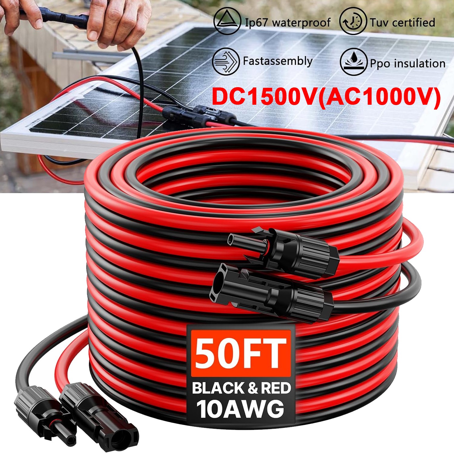 10AWG Solar Panel Extension Cable Tinned Copper Solar Cable PV Wire Connectors