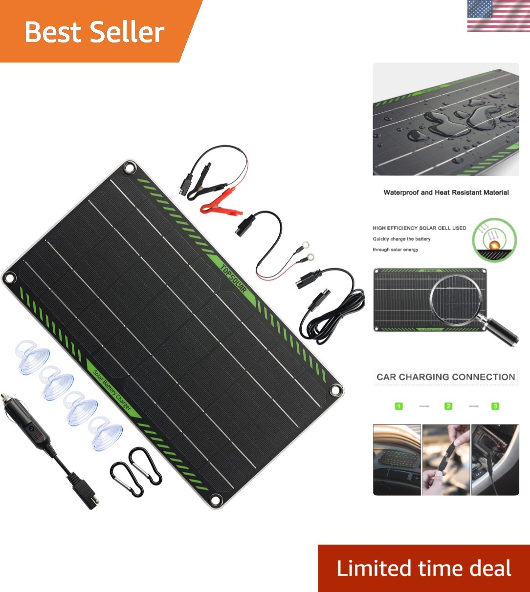 High-Efficiency 10W Solar Panel Battery Charger – Waterproof for All Vehicles