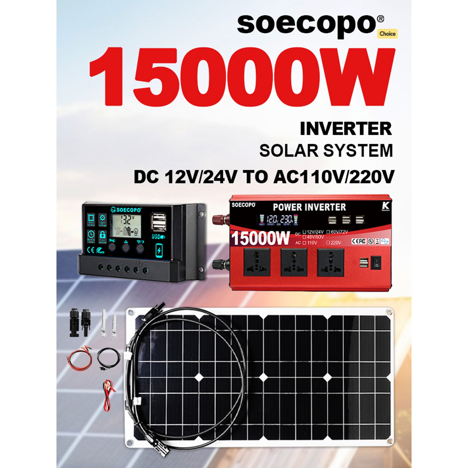 15000W Peak Solar System Kit 12V/24V To 110V 220V Inverter Generator for CampEo