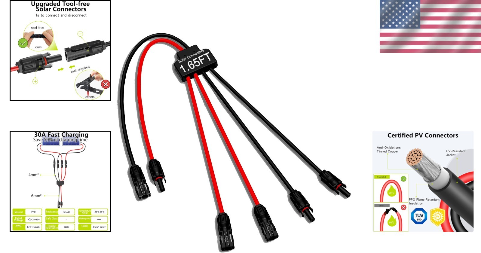 Waterproof Solar Connectors for 2 to 4 Panels – Tool-Free Setup