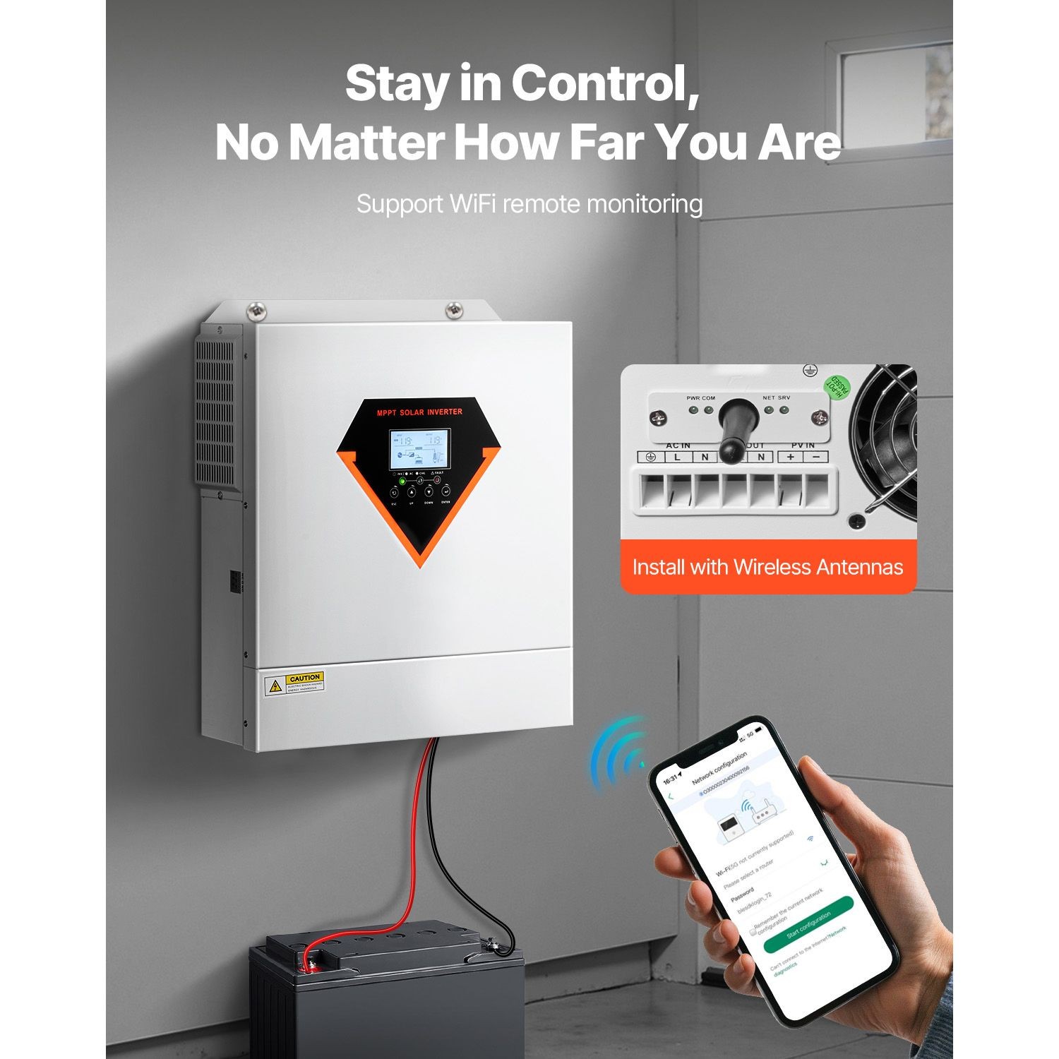 3000W Hybrid Solar Inverter, 24V to 110/ 120V AC, Pure Sine Wave with MPPT