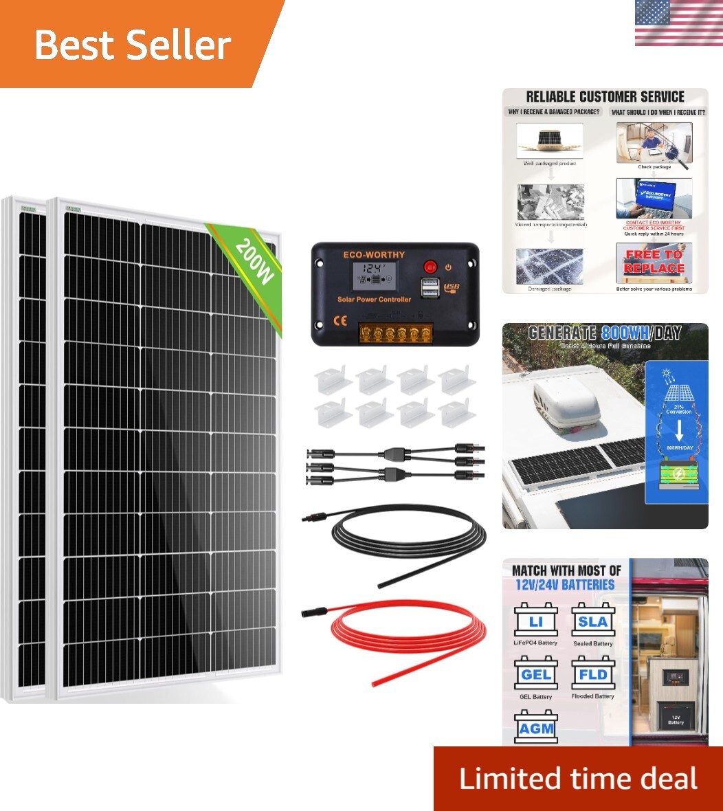 200 Watts 12 Volt/24 Volt Solar Panel Kit with High Efficiency Monocrystallin…