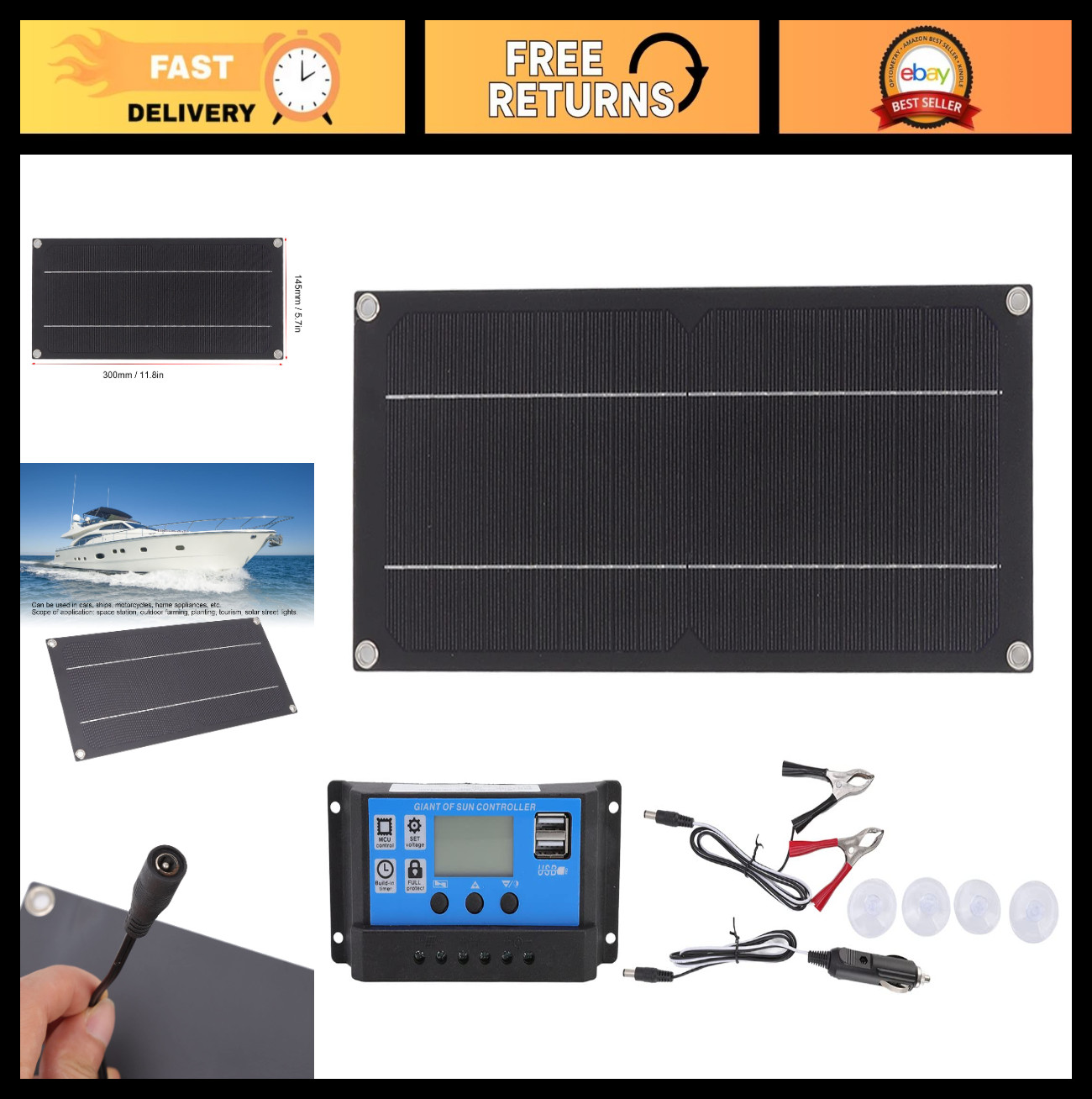 Waterproof 12V Solar Battery Charger Kit, 600W Solar Panel Maintainer for Marine