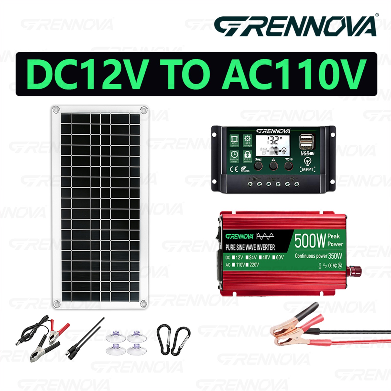 Grennova 500W Solar Kit Pure Sine 35W 60A MPPT Off-Grid RV Camping Use