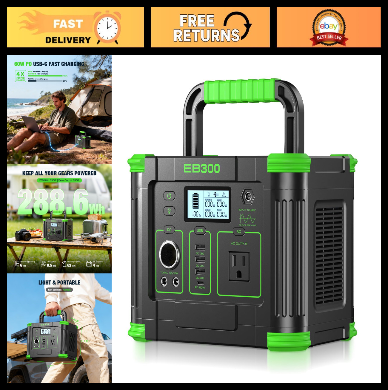 Portable Power Station 330W Solar Generator 288.6Wh, 60W USB-C, AC Outlet, Backu