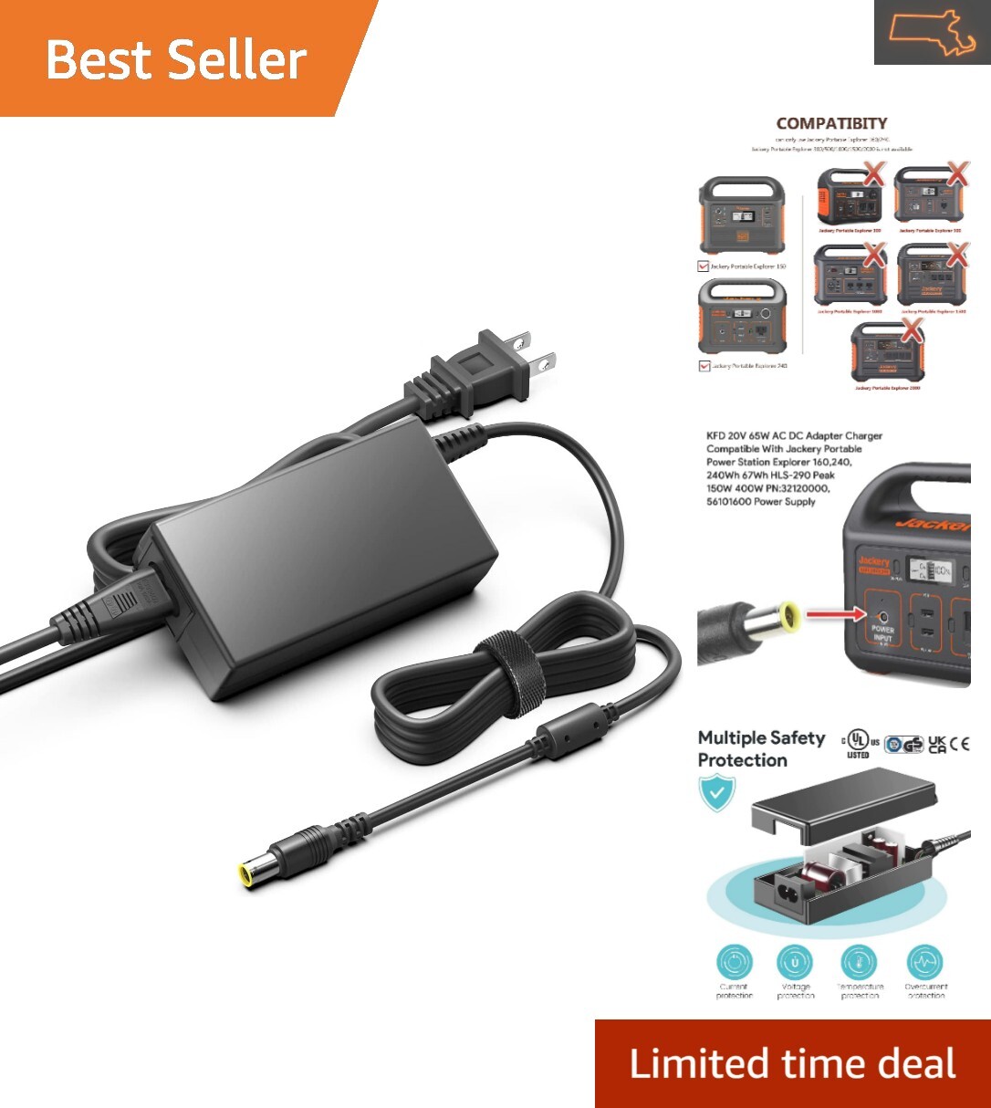 Premium 65W Power Supply Charger: UL/CE/FCC Certified for Jackery Portable Ex…