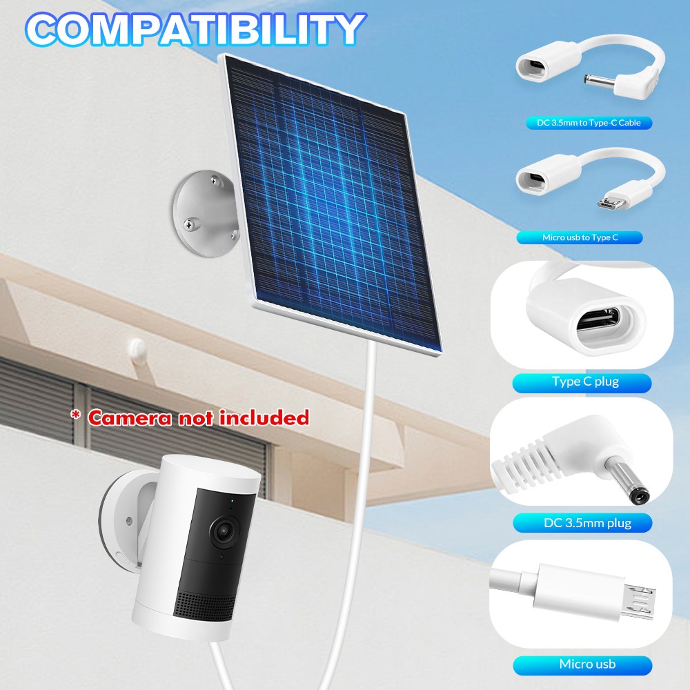 5W Solar Panel Power USB C Battery Charger For CCTV Camera Security Cam Outdoor