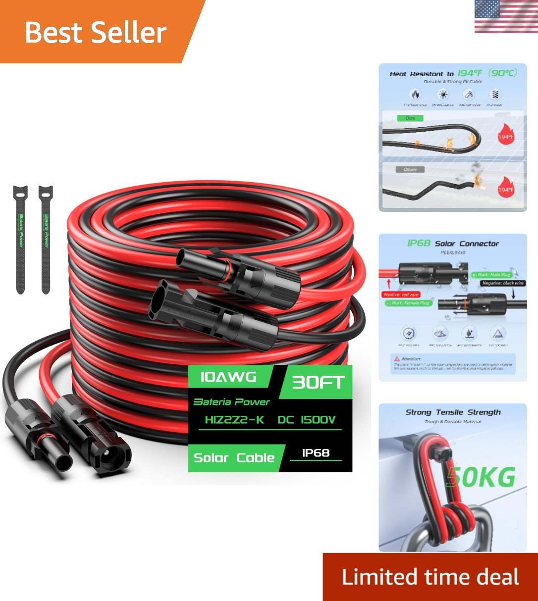 Durable 30FT 10AWG Solar Extension Cables with Tinned Copper & Quick Lock Design