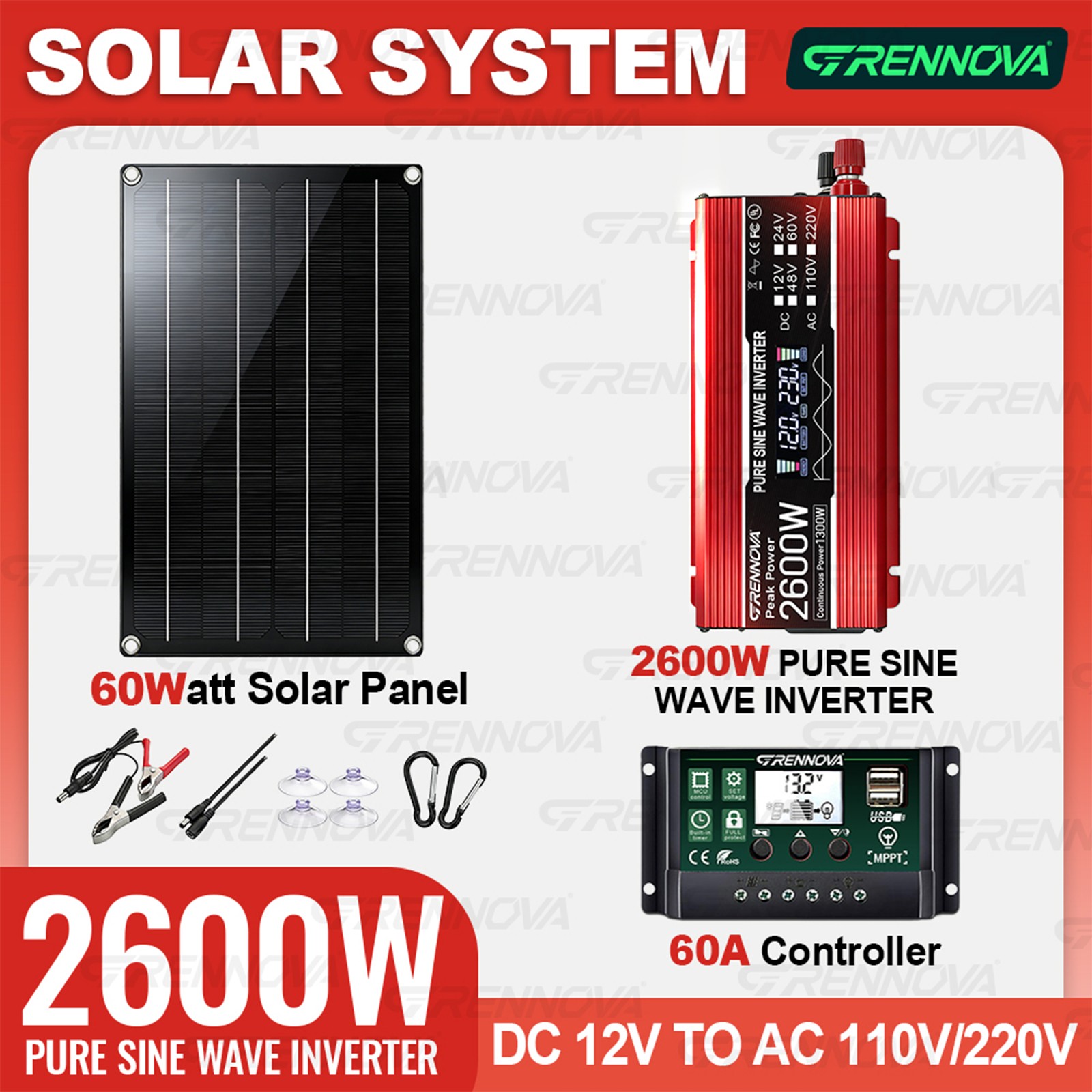 Grennova 2600W Off-Grid Solar System 60A MPPT Inverter Powers
