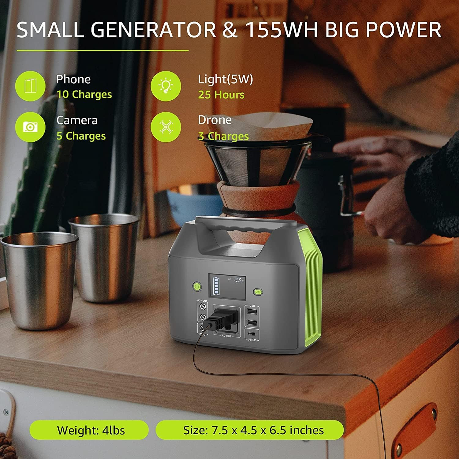 Portable Power Station, 150W 155Wh Power Bank with 110V AC Outlet, 6 Outputs Ext