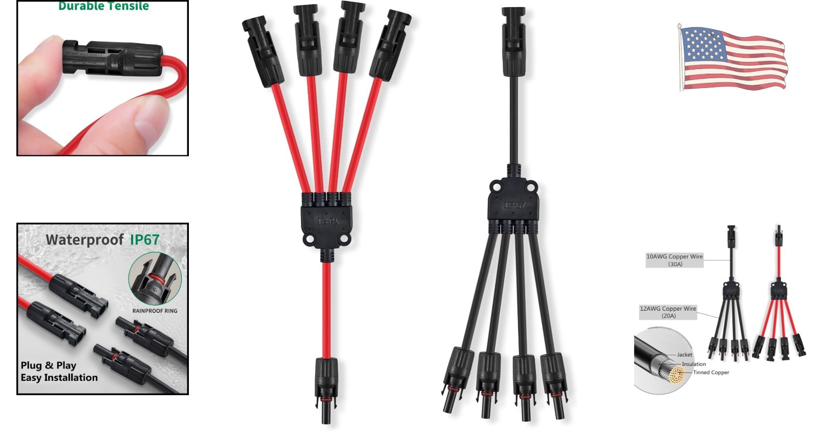 Plug & Play 4-to-1 Solar Panel Connector Y Adapter – Red & Black Dual Insulation