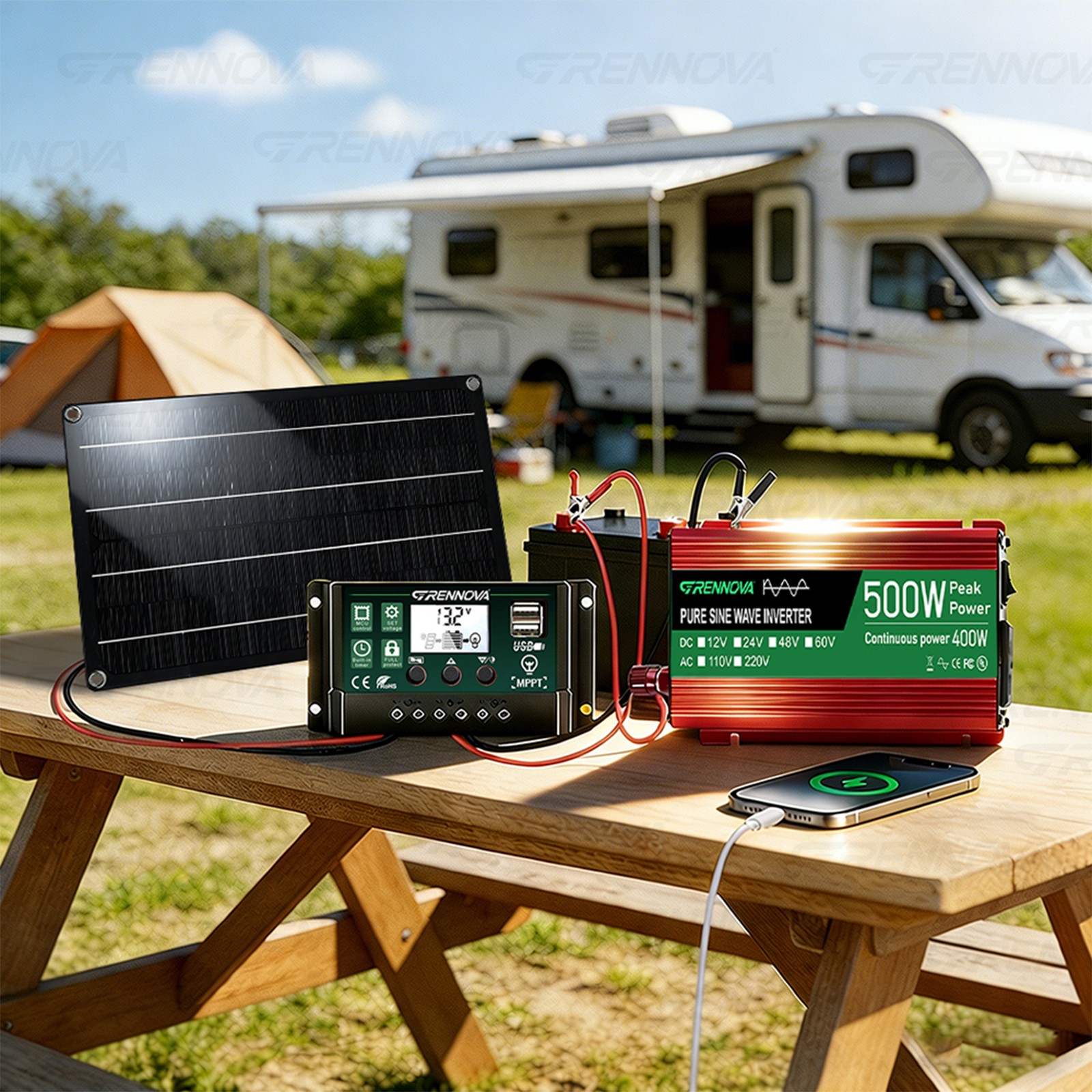 Grennova 500W Pure Sine Solar System 50W Panel 60A MPPT Dual Voltage Inverter