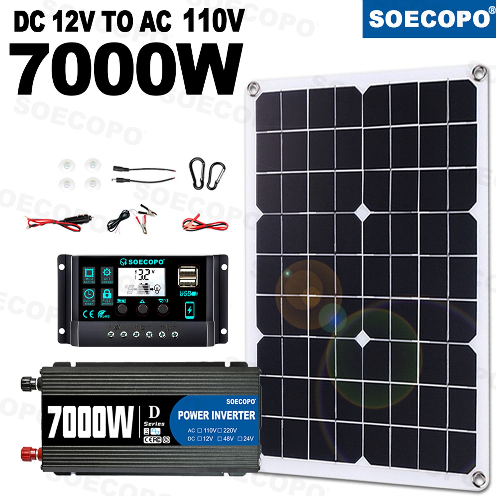 7000W Solar Kit 12V 110V Inverter Battery ChargerLighting Camping 500W Panel UeG