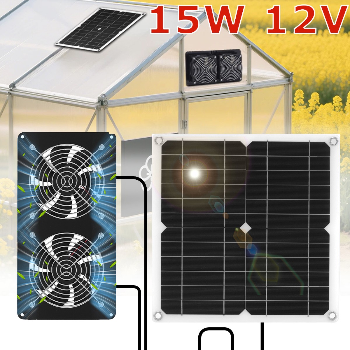 Solar Powered Fan Kit 15W Solar Panel Waterproof DC Exhaust Fan for Chicken Coop