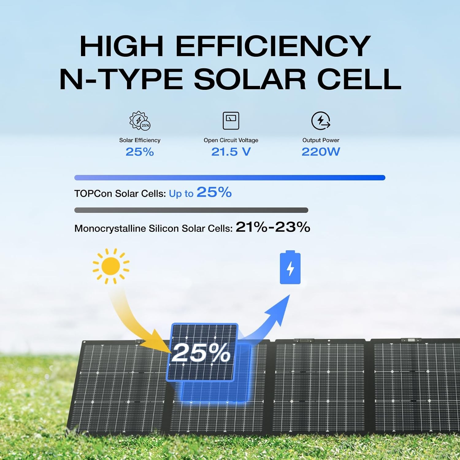 220W Portable Solar Panel Bifacial Design Up to 25% Conversion Efficiency N-Type