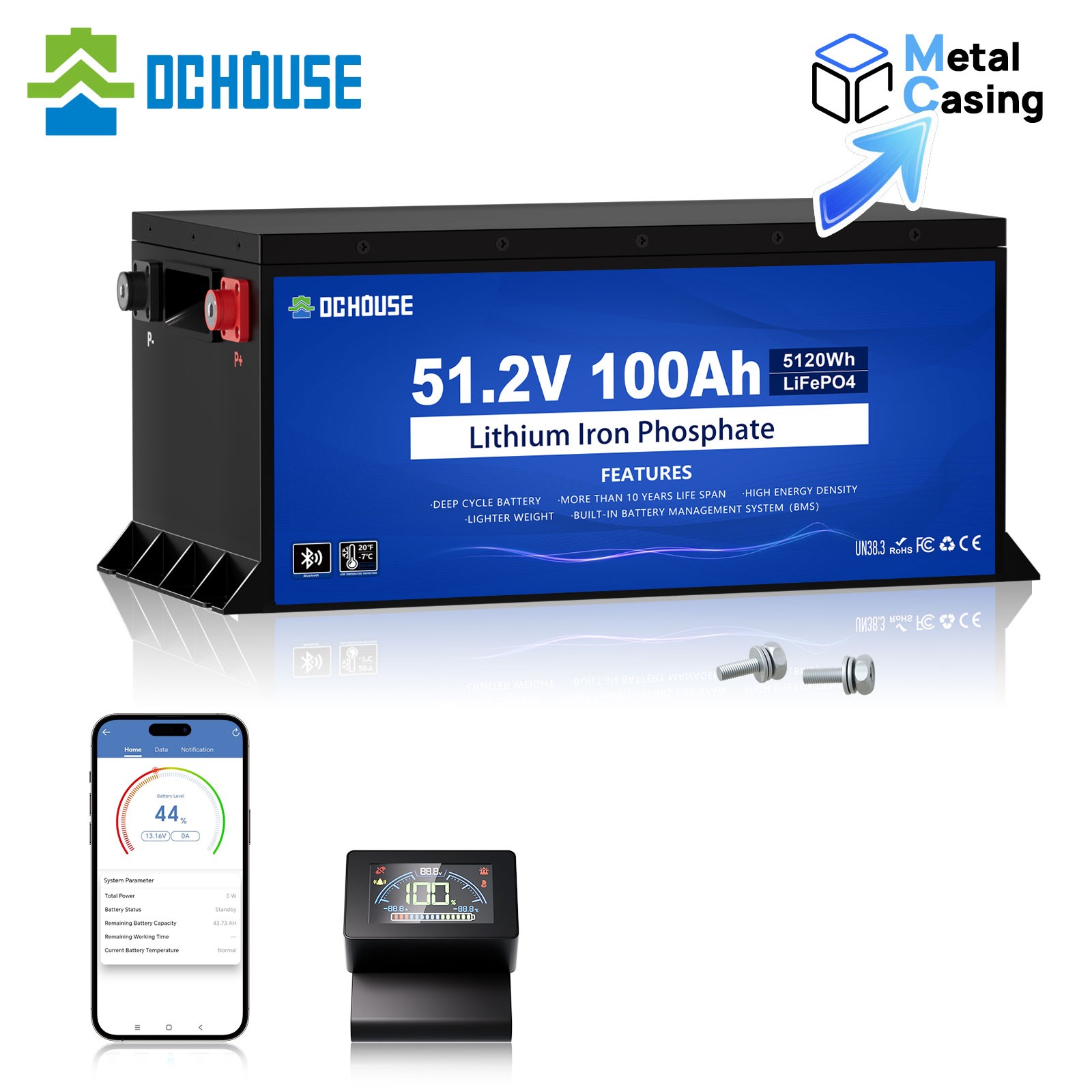 DC HOUSE 48V 100Ah Golf Cart Battery LiFePO4 Battery for Club Car RV Bluetooth