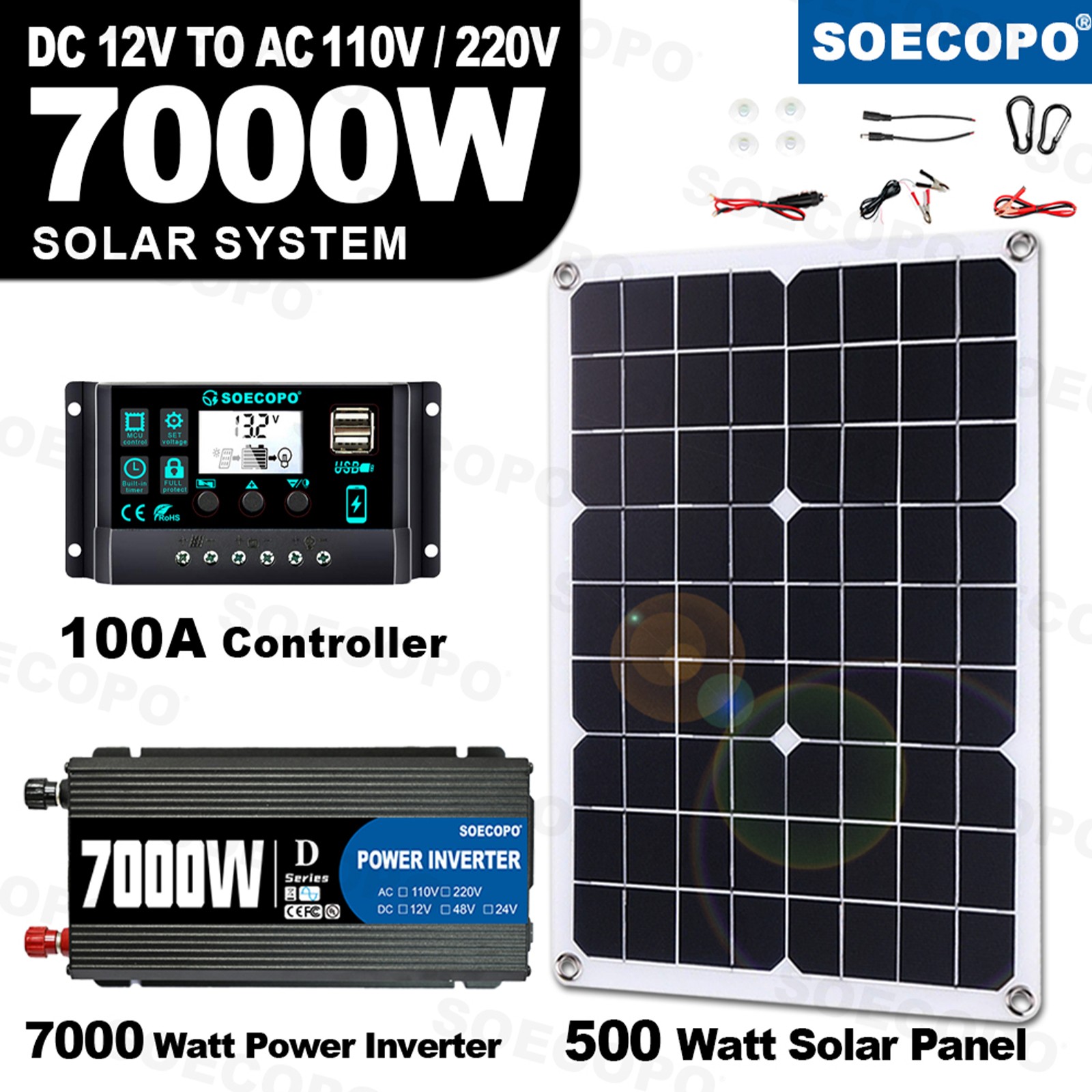 7000W Solar Kit 12V 110V Inverter Battery ChargerLighting Camping 500W Panel UeG