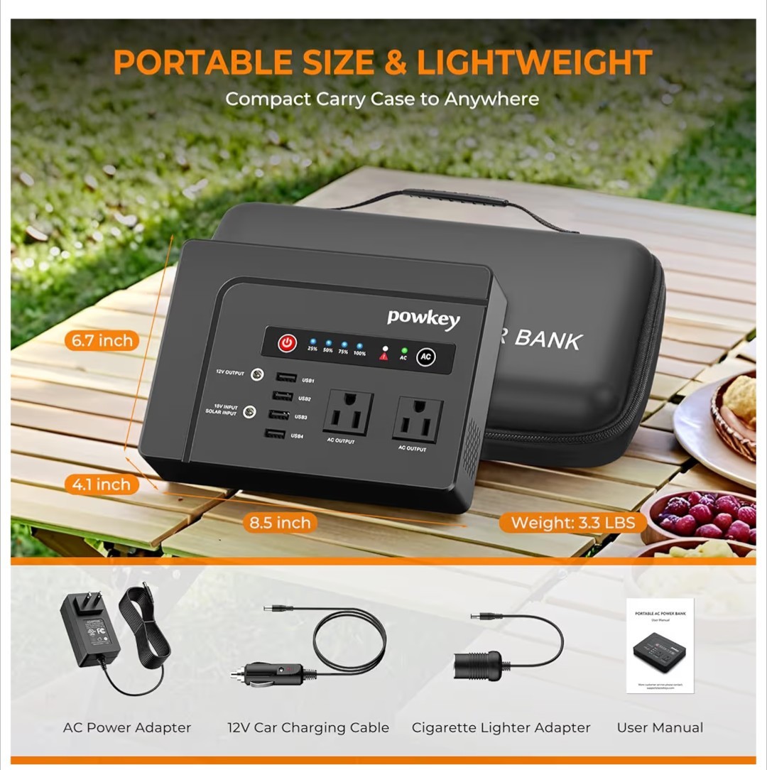 200W Portable Power Station, Powkey 120Wh/33,000mAh Power Bank with AC Outlet