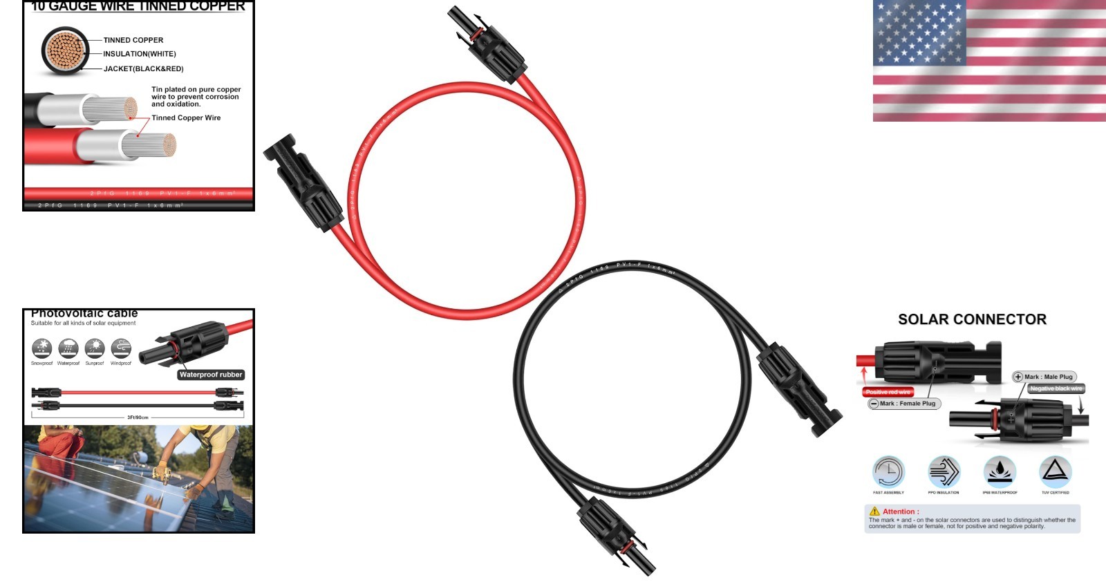 10AWG UV Resistant Solar Extension Cable, 3FT with Male-to-Female Connectors