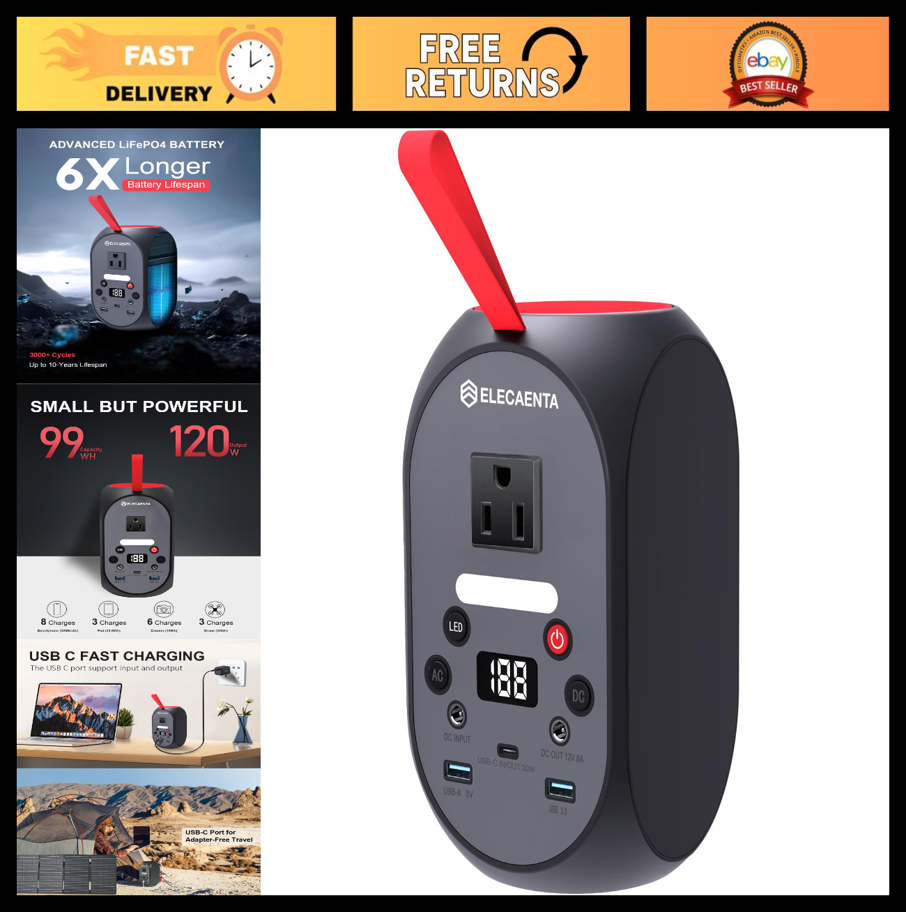 99Wh Portable Power Station – 120W Peak, LiFePO4 Battery Backup, AC/DC/USB-C for