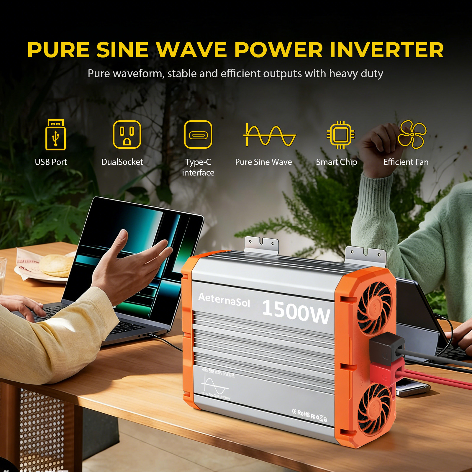 1500W Power Inverter Pure Sine Wave Inverter 12V 110V 120V Car Truck Boat Solar