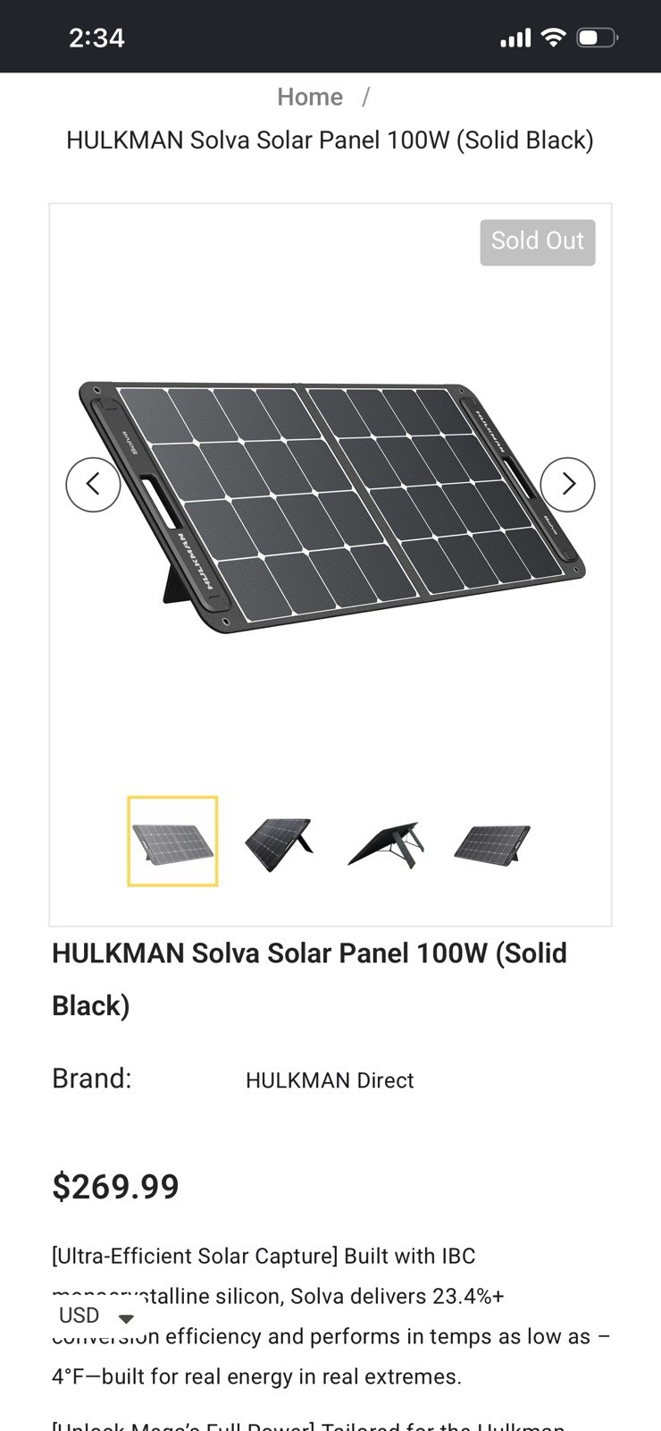 HULKMAN Solva 100W Monocrystalline Portable Rigid Solar Panel, Black, MC4